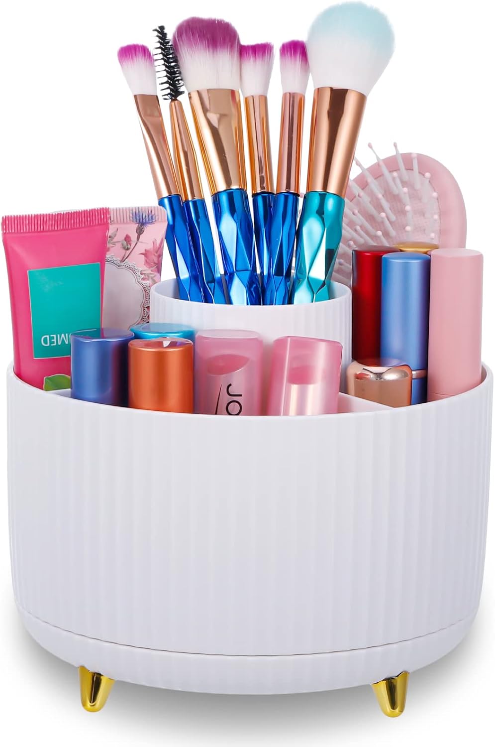 Rotating Makeup Organizer, 360° Spinning Make up Stand, 5 Slot Makeup Brushes Cup and Pencil Pen Holder, for Vanity Decor, Bathroom Countertops, Desk Storage Container, Cosmetic Display Cases(White)