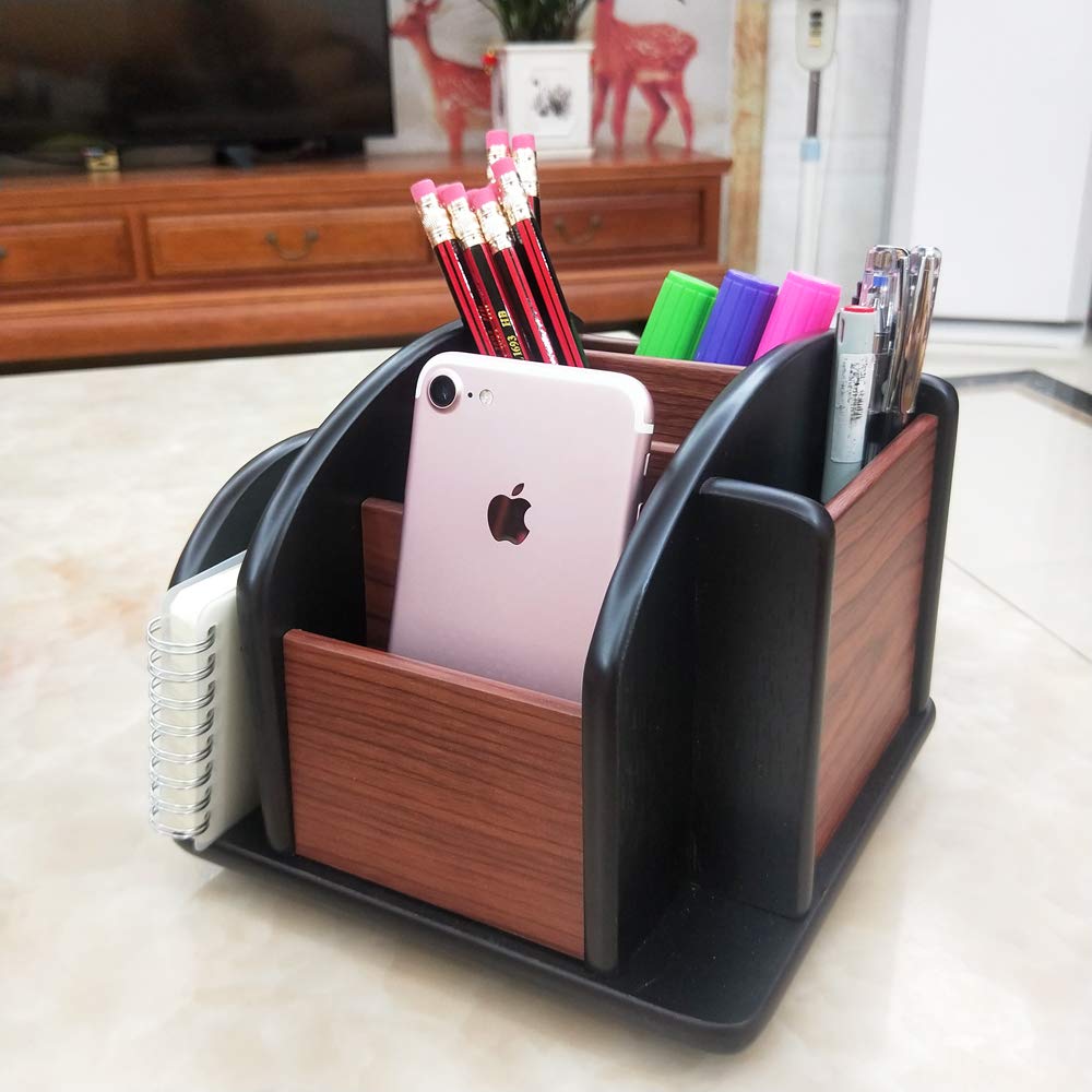 Organizador giratorio de control remoto, soporte de madera para bolígrafos para escritorio, suministros de oficina, almacenamiento de papelería, organizador de escritorio multifunción para el hogar y
