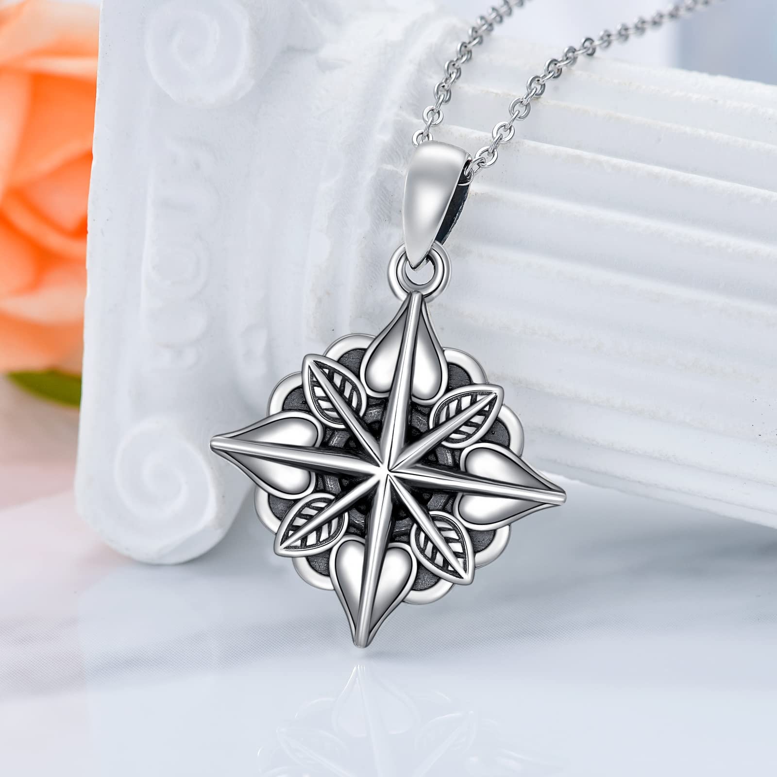 ROMANTICWORK - Collar de flor de loto de plata de ley con colgante de loto, piedra de luna, libélula, brújula, mal ojo, joyas para mujer y niña