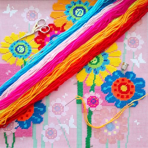 Image of Brvsk Floral Needlepoint Kit for Adults and Beginners - Enchanted Garden 16″ x 16″ with Clear, Precise Printed Design on Cotton Canvas; Includes 2 Needles, Yarn, and Easy-Read Chart