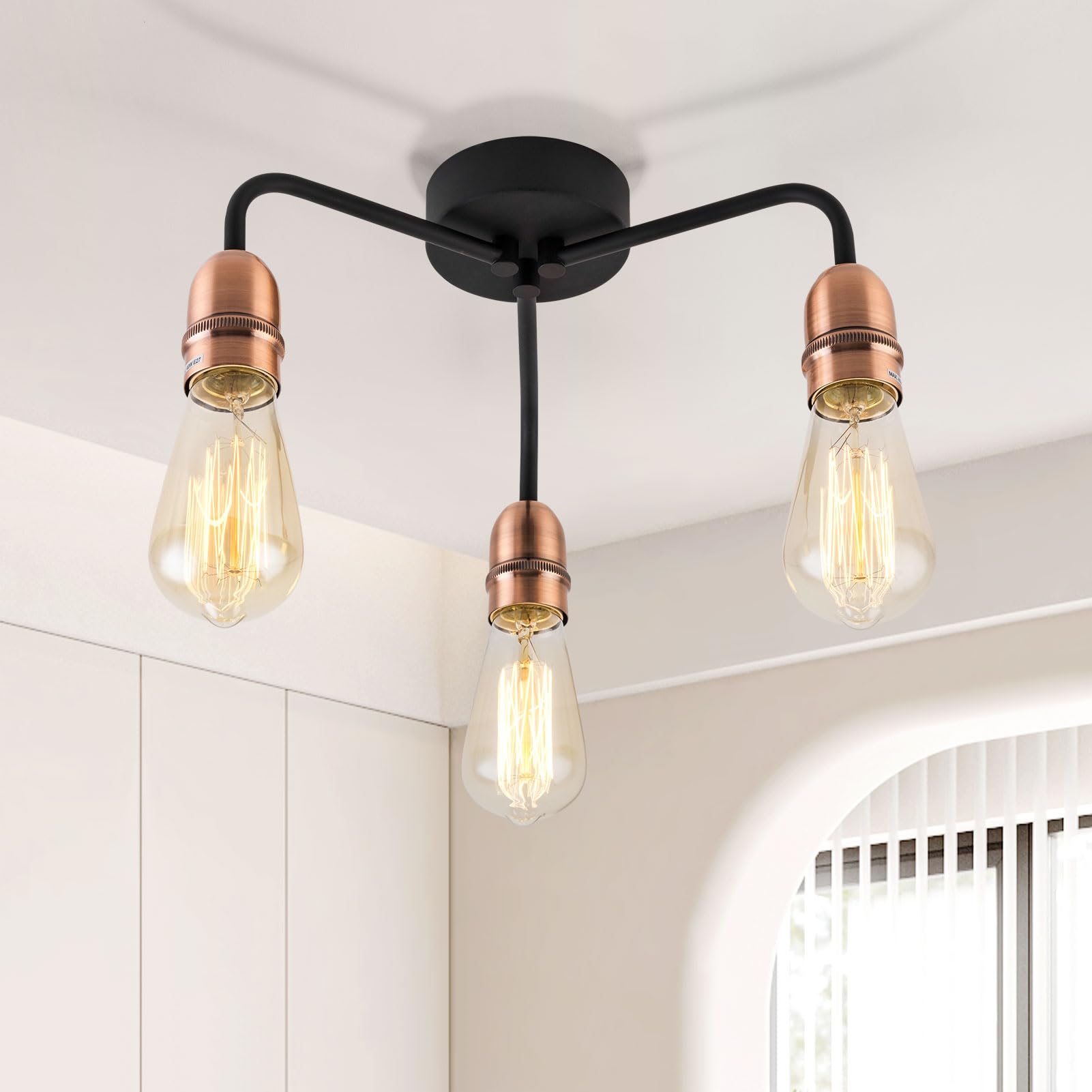 HARPER LIVING 3-Light Chandeliers Ceiling Lights, E27/ES Semi Flush Ceiling Lights Black with Copper Finish, 3x40W Vintage Ceiling Lamp for Living Room Bedroom Kitchen Hallway