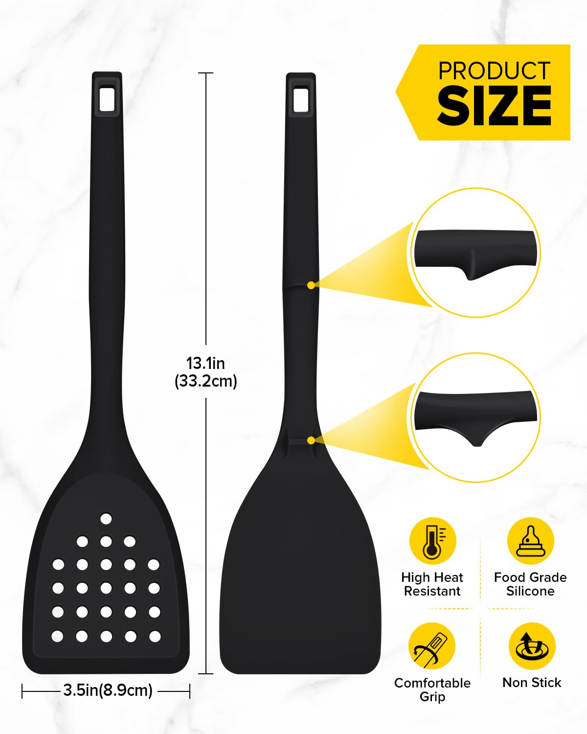 Packung von 2 Silikon Spatel Turner, Non-Stick Küche Spatel Set mit Rücken Haken, hitzebeständig BPA freie Küchenutensilien, geeignet für Flipping Fisch, Eier, Steak, Pfannkuchen (Schwarz)