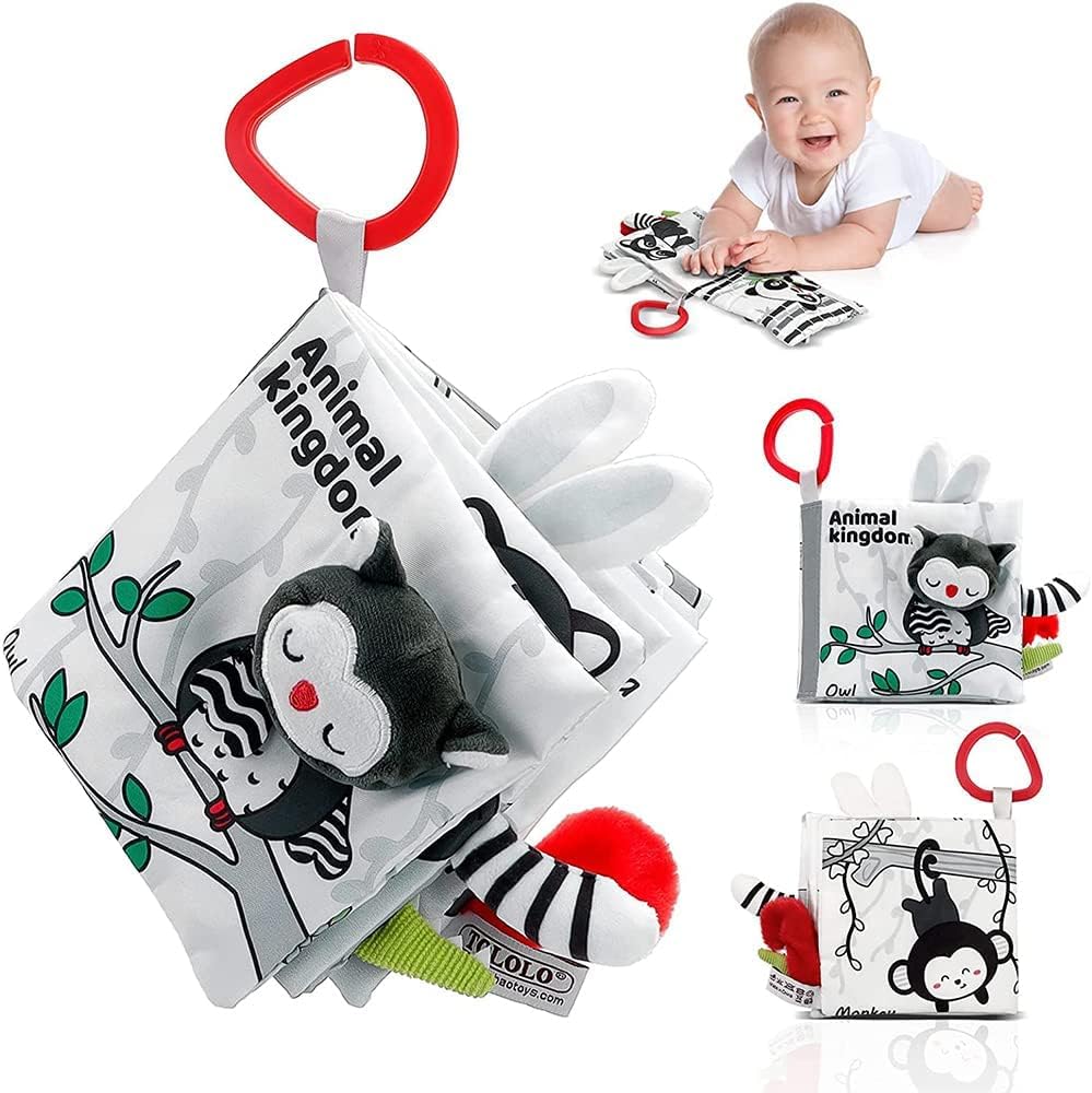 DMG TECH Baby Soft Cloth Book - 3D Touch Feel High Contrast, Black and White Activity Crinkle Books, Sensory Toys, Washable Fabric for 0-12 Months