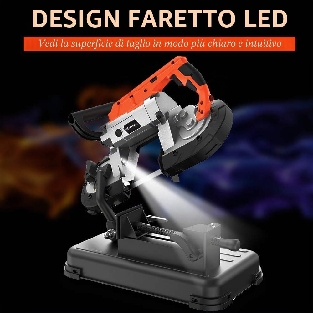 Anbull R2103 - sega a nastro per metallo con faretto LED, sega a nastro elettrico 1100 W/230 V, 0,7 – 2,4 m/s, regolabile 0 – 45 °, sega metallica con base rimovibile