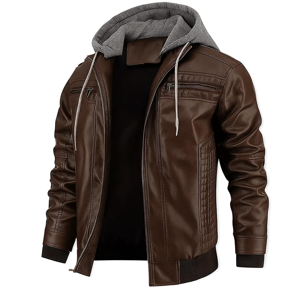 Blaq Ash Men's Faux Leather Hooded Motorcycle Jacket, Zip-Up, with Pocket-image-10