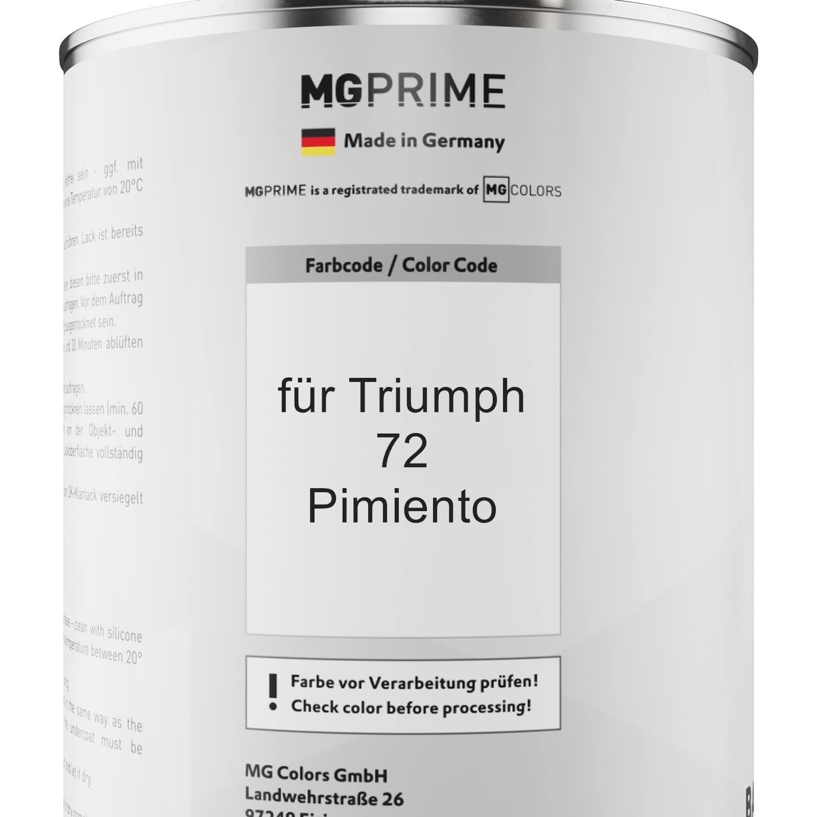 MG PRIME Lakier samochodowy Zestaw puszek dla Triumph 72 Pimiento Lakier bazowy 2K Utwardzacz do lakieru bezbarwnego gotowy do natrysku 2,5L