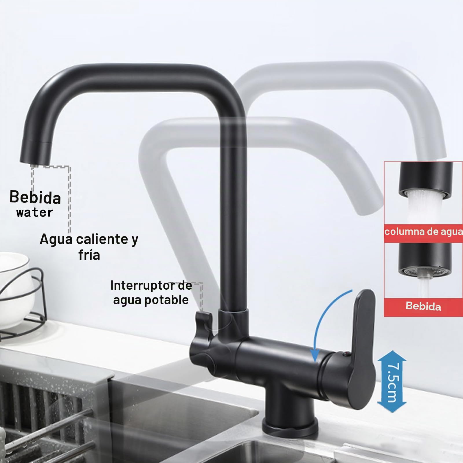 XJTNLB Grifo Abatible Fregadero Grifo Cocina Osmosis 3 Vias Grifo Giratorio Grifo de Cocina con Osmosis Abatible Mezclador de Fregadero,Negro