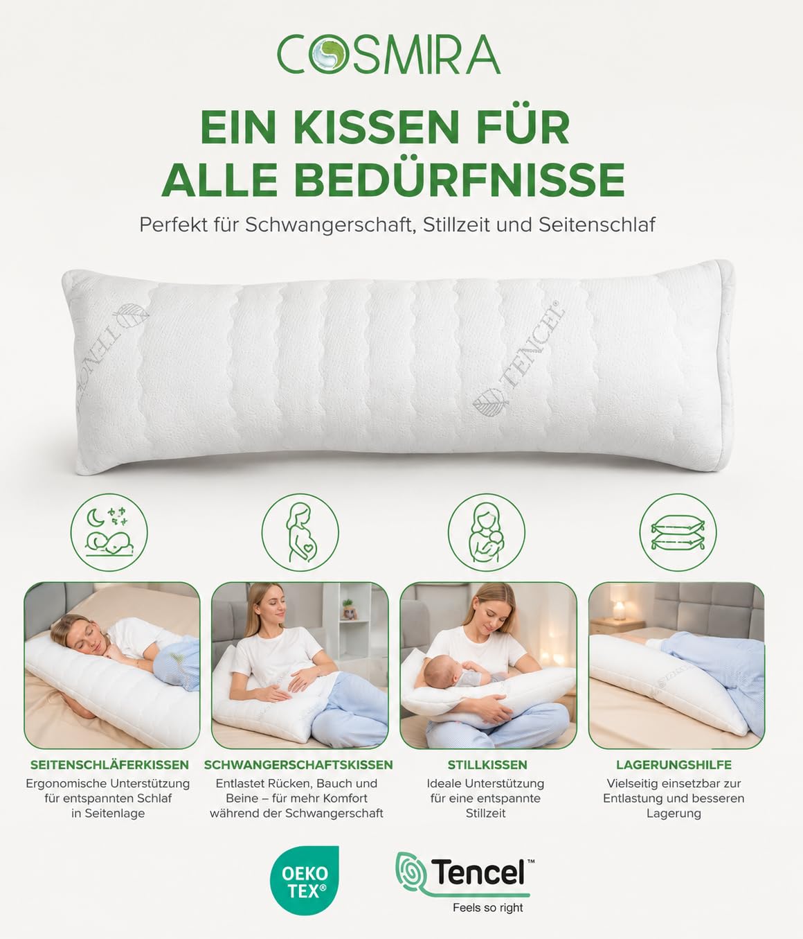 Premium Seitenschläferkissen 165 cm – Ergonomisches Körperkissen mit verstepptem Tencel Bezug – anschmiegsam & atmungsaktiv – Allergikerfreundlich, waschbar, Oeko-TEX Zertifiziert