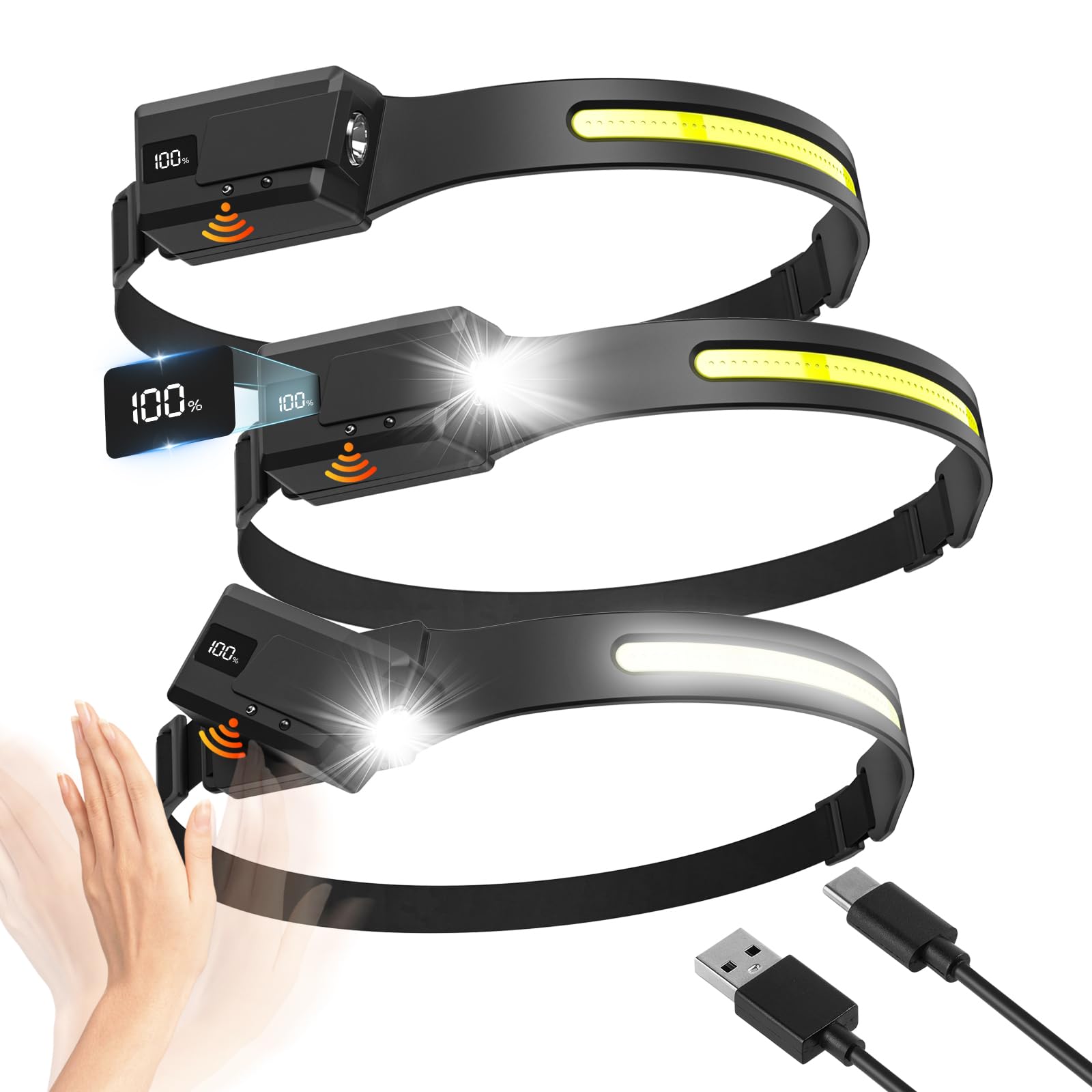 3Pcs Rechargeable Headlamp with Adjustable & Removable Spotlight, LED Waterproof Headlight, Headband Light, Motion Sensor Hands-Free,Head lamp Band, Super Bright, 6 Modes for Running,Fishing,Hiking