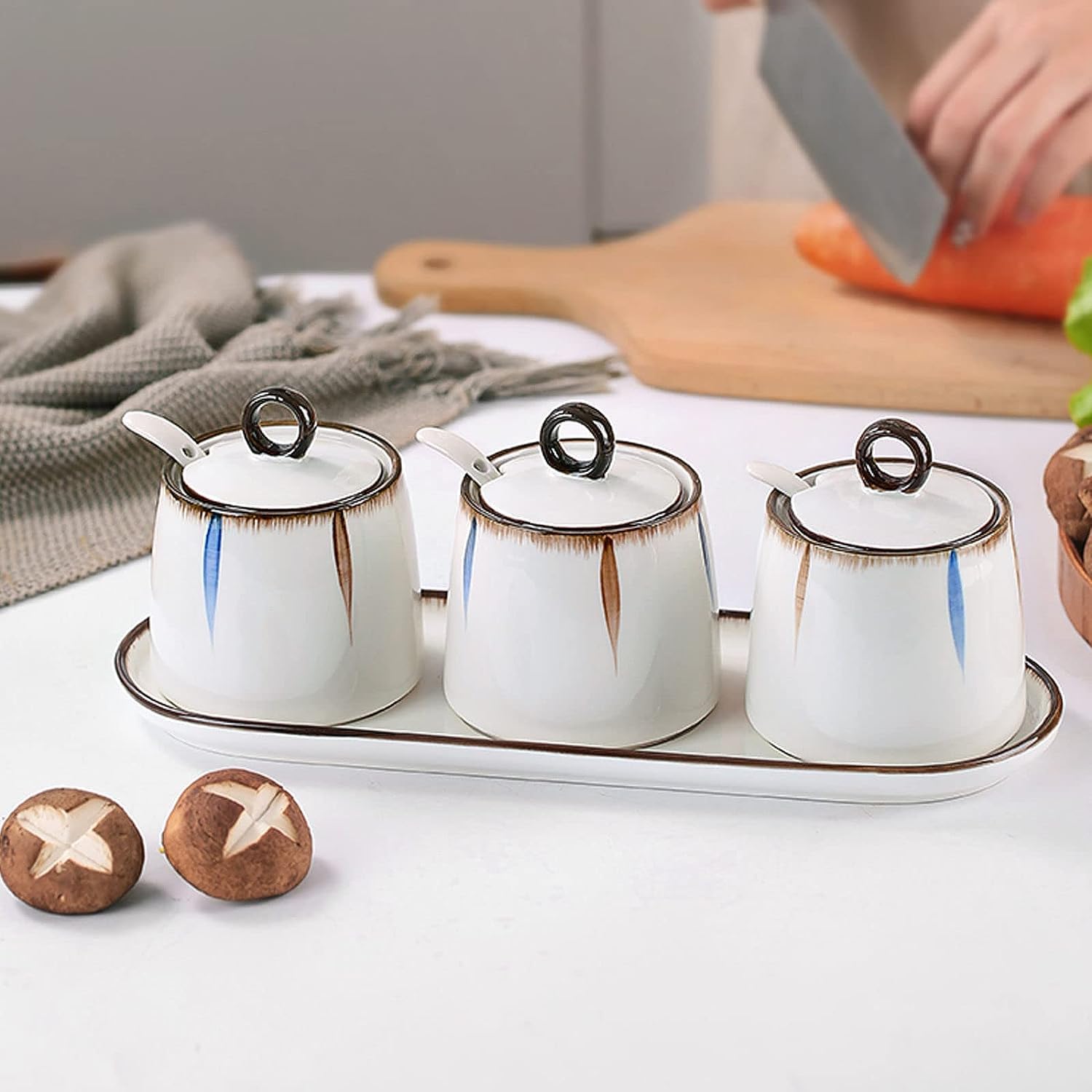 Azucarero, azucarero con tapa, azucarero con tapa y cuchara, botes de azúcar de café de cerámica, azucarero, tarro de especias for recipiente de azúcar, bote de condimento for salero-1 ( Color : 2 Set