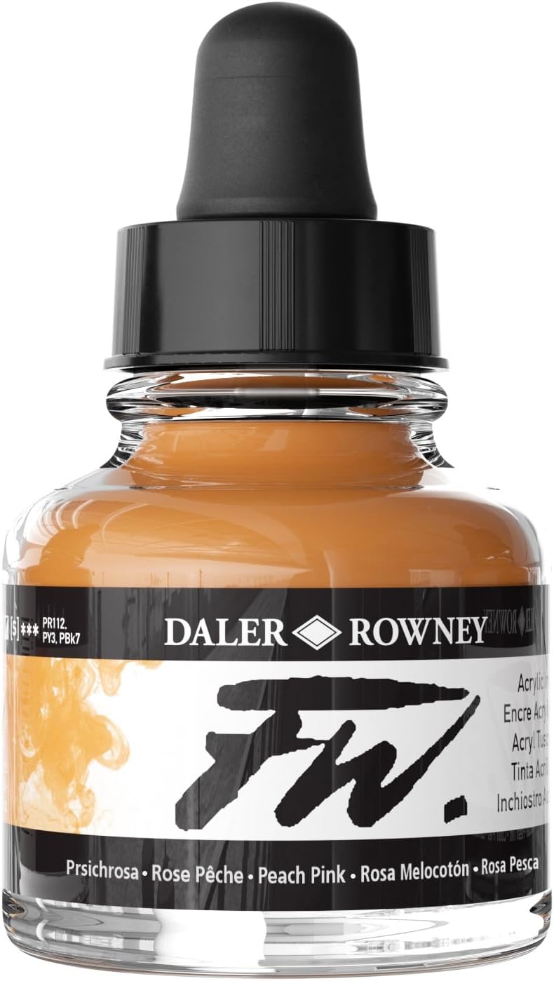 Daler-Rowney FW Acrylic Ink Bottle - Peach Pink - Versatile Acrylic Drawing Ink for Artists and Students Permanent Calligraphy Ink - Archival Ink for Illustrating and More