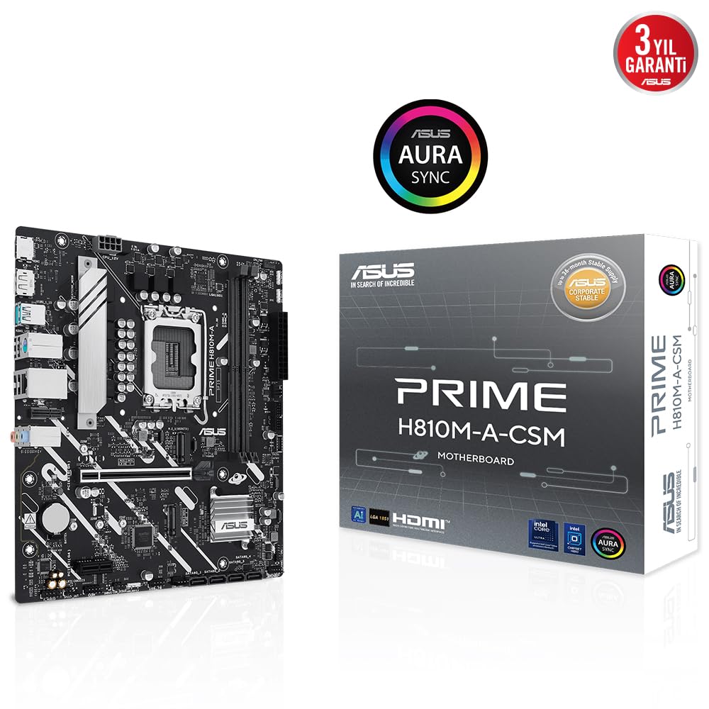 ASUS PRIME H810M-A-CSM, carte mère Intel mATX, 6+1+1+1 phases d'alimentation, emplacement DDR5, PCIe 4.0, 2 emplacements M.2, Ethernet Intel 16 Go, DisplayPort, HDMI, USB-A 10 Gbps, USB-C 5 Gbps, noir
