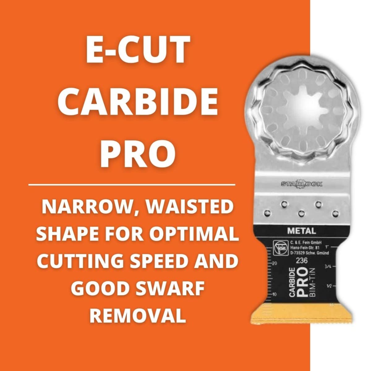 Fein Starlock E-Cut Carbide Pro Saw Blade - Precision Cutting for Hard Metals, Tempered Screws and Abrasive Materials, TiN Coated, 1-1/4" Width, 1-5/8" Length - 63502236260