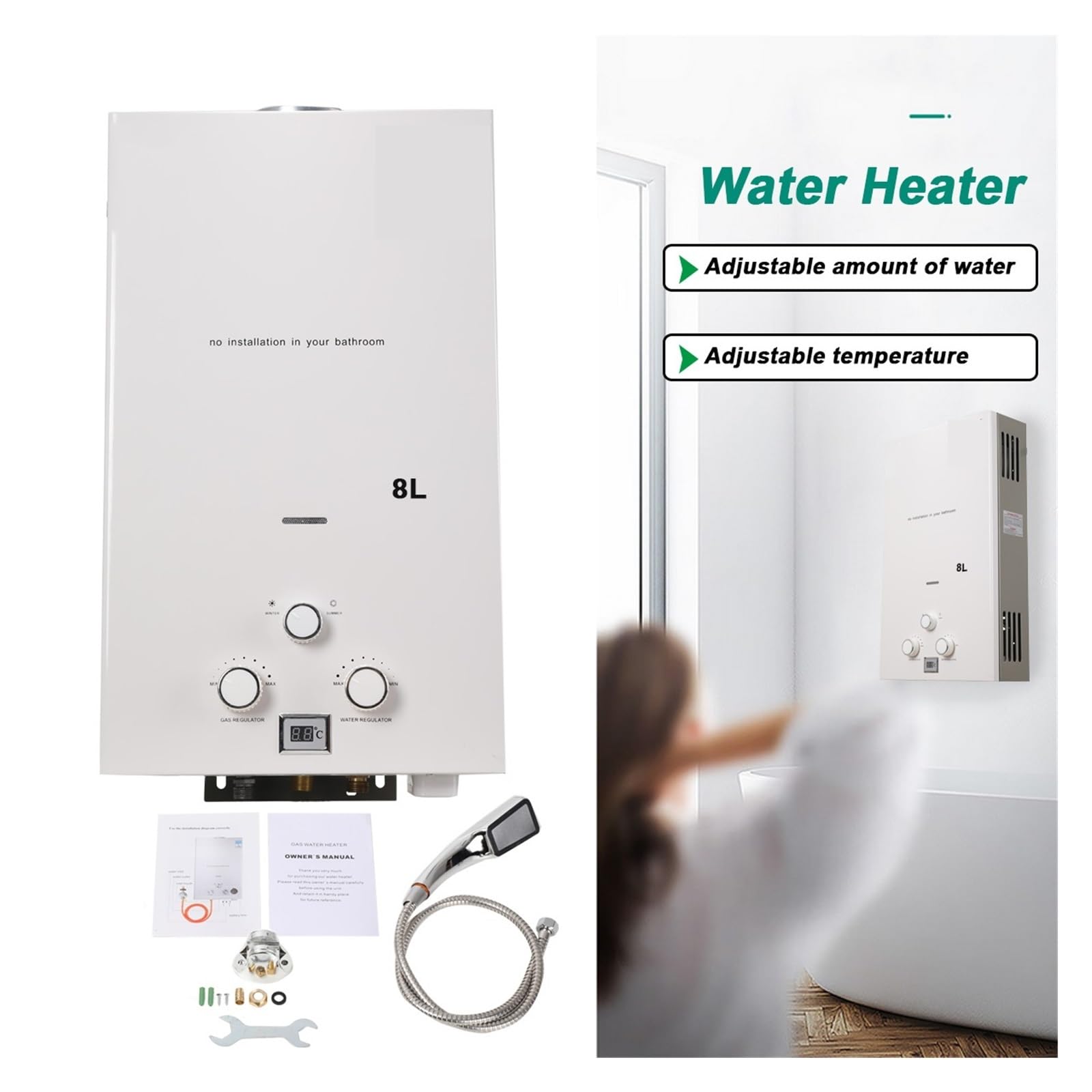 8L Bezzbiornikowy Podgrzewacz Wody Na Gaz Propan 16KW LPG Natychmiastowy Podgrzewacz Ciepłej Wody Bojler Wyświetlacz LED Outdoor Camping Z Zestawem Głowicy Prysznicowej szybko się nagrzewa(Silver)