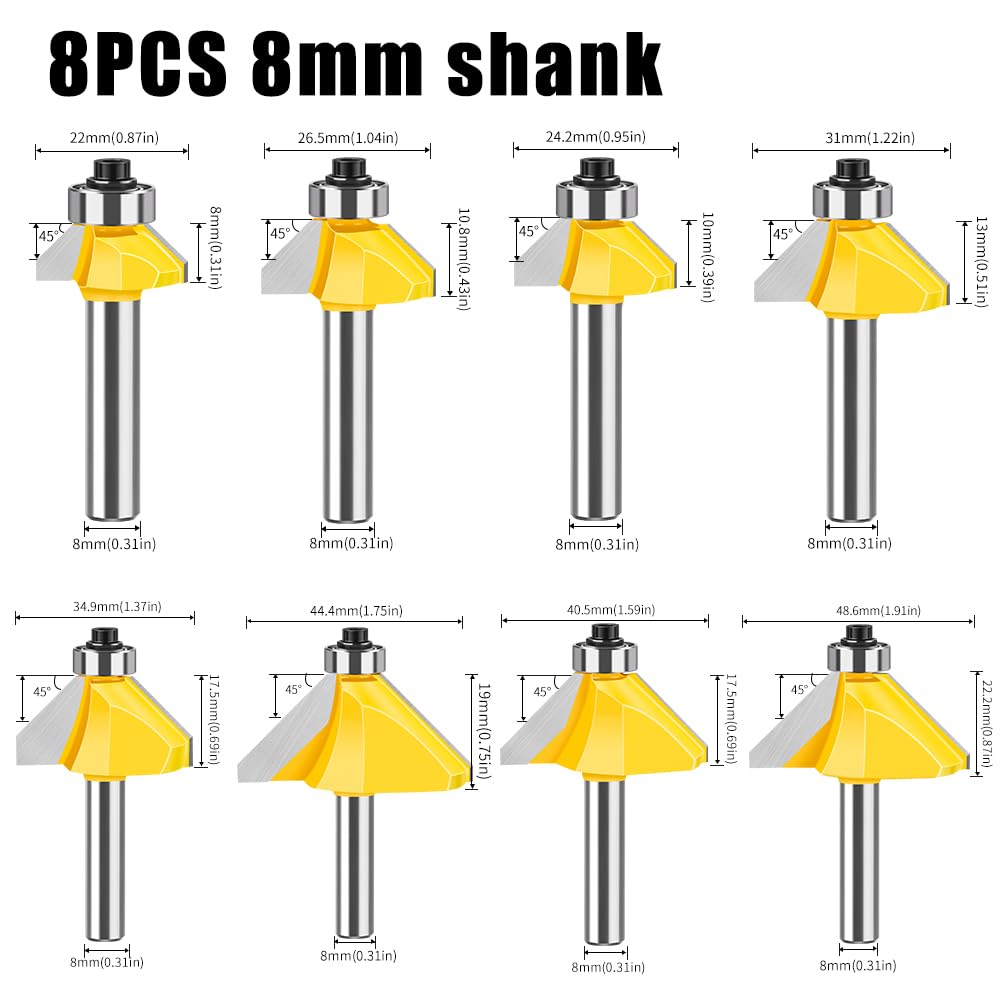 1/8 szt. 8 mm trzpień freza skośnego 45 stopni do obróbki drewna, frezy przycinania, narzędzia grawerowania(8PCS SET 8mm Shank)