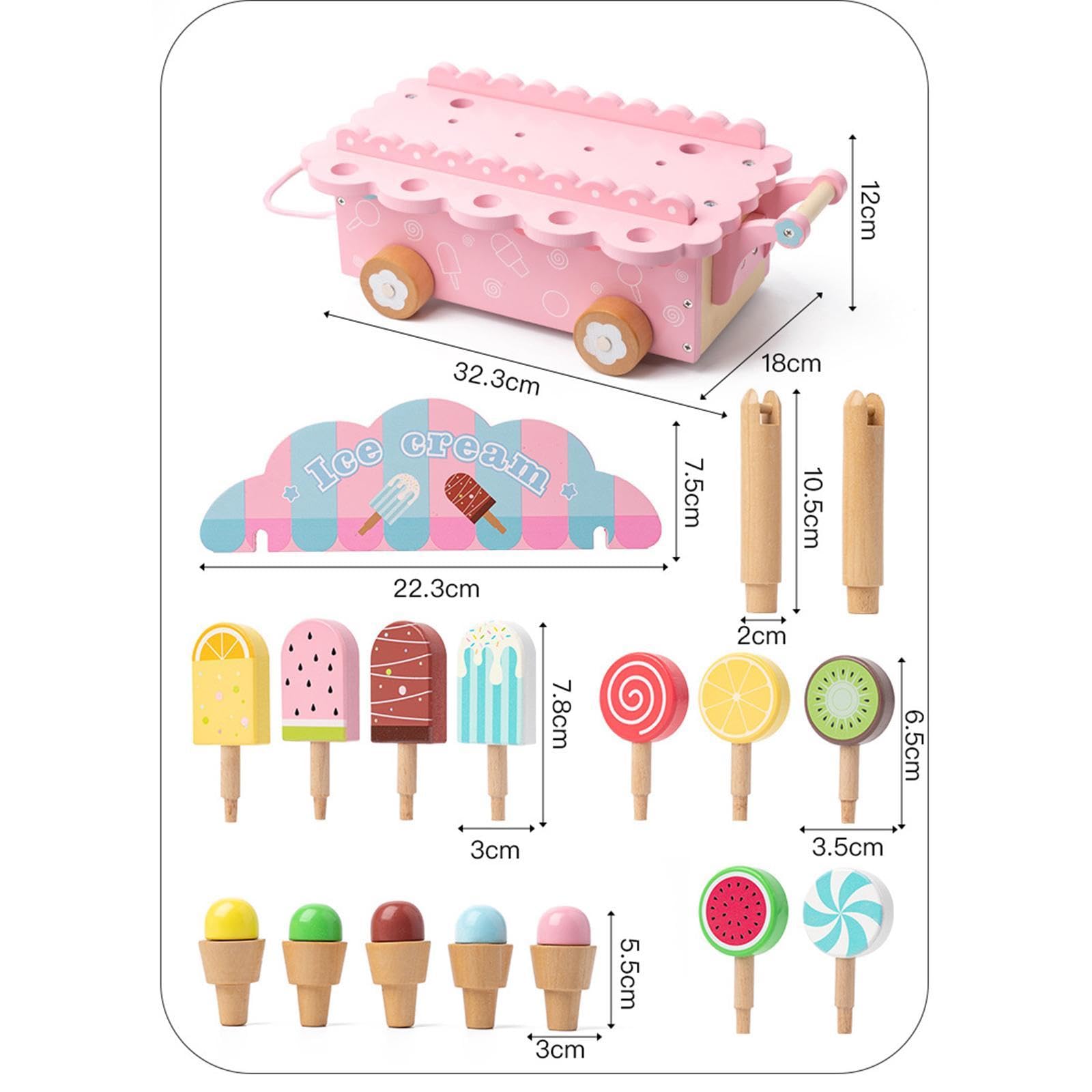 Set di Giocattoli in Legno a Forma di Gelato per Giochi di Ruolo in Cucina, Set Educativo in Legno con Cibo Giocattolo per Bambini dai 3 agli 8 Anni, Rosa