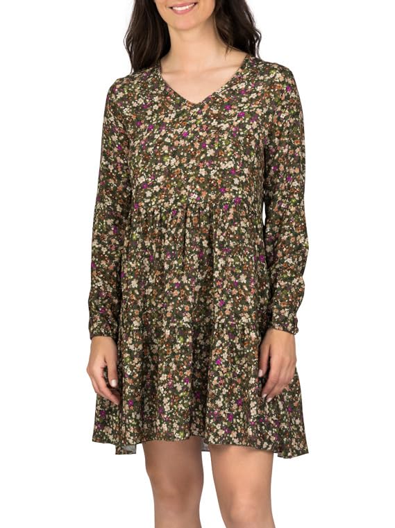 DENIMFY A Linien Kleid Damen DFIda Midikleid Kleider Strandkleid Sommerkleid Sommer Blumenmuster Elegant Langarm Knielang V-Ausschnitt, Größe:L/XL,...