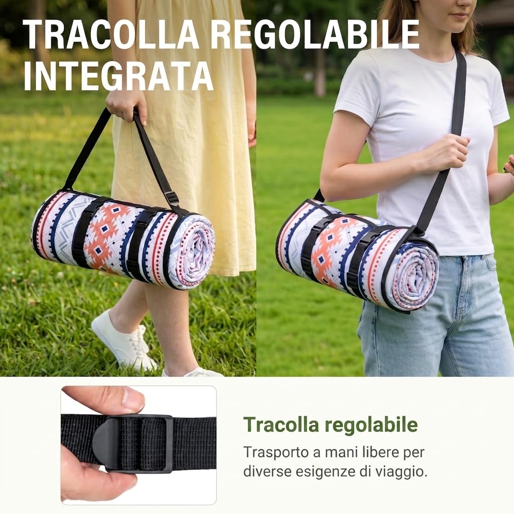 WolfWise Telo Picnic Impermeabile, Stuoia Campeggio 200x200 cm Pieghevole con Cinghie Regolabili e Tracolla, Picnic Blanket per Giardino, Prato, Spiaggia, Viaggi e Escursioni, Blu