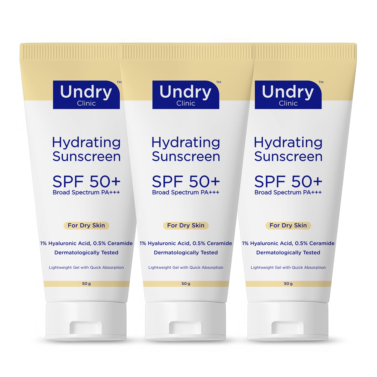 Undry Hydrating Sunscreen SPF 50+ PA+++ for Dry Skin | Lightweight Gel with Hyaluronic Acid & Ceramide | Broad Spectrum, Quick Absorption | Dermatologically Tested | 50g Pack of 3