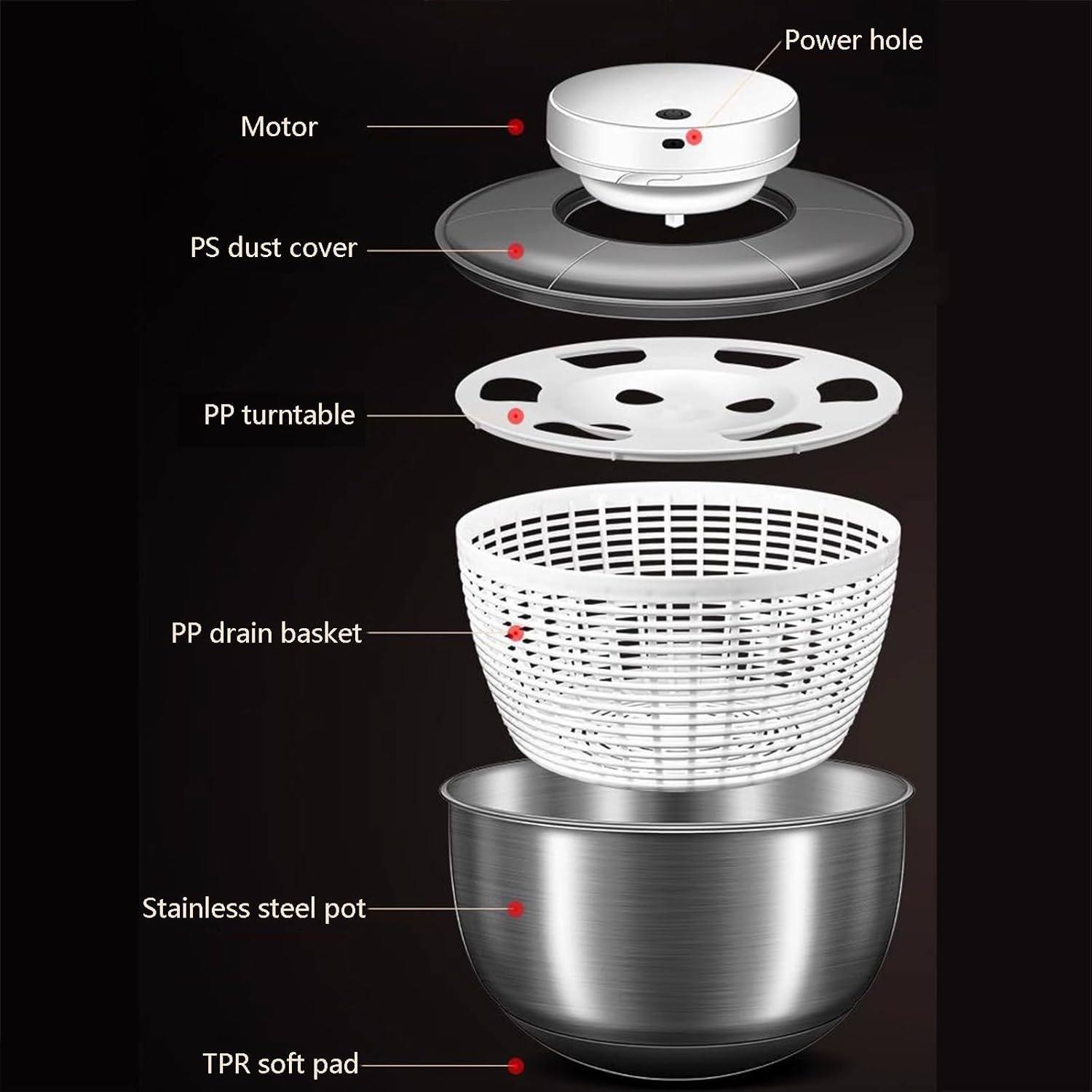 Centrifuga per Insalata Elettrica Automatica, Centrifuga per Lattuga da 4,8 Litri, Rondella per Lattuga Rotante per Insalata in Acciaio Inossidabile, Ricaricabile Tramite USB, per Insalata