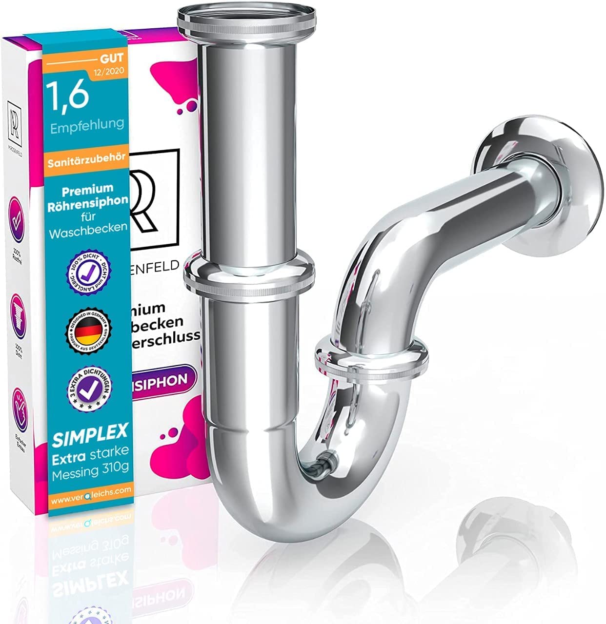 M. ROSENFELD HOME Siphon Waschbecken – Universal Röhrensiphon 1 1/4" für Waschtisch im Bad, Geruchsverschluss mit Abflussrohr, Komplettset mit Dichtungen & Rosette