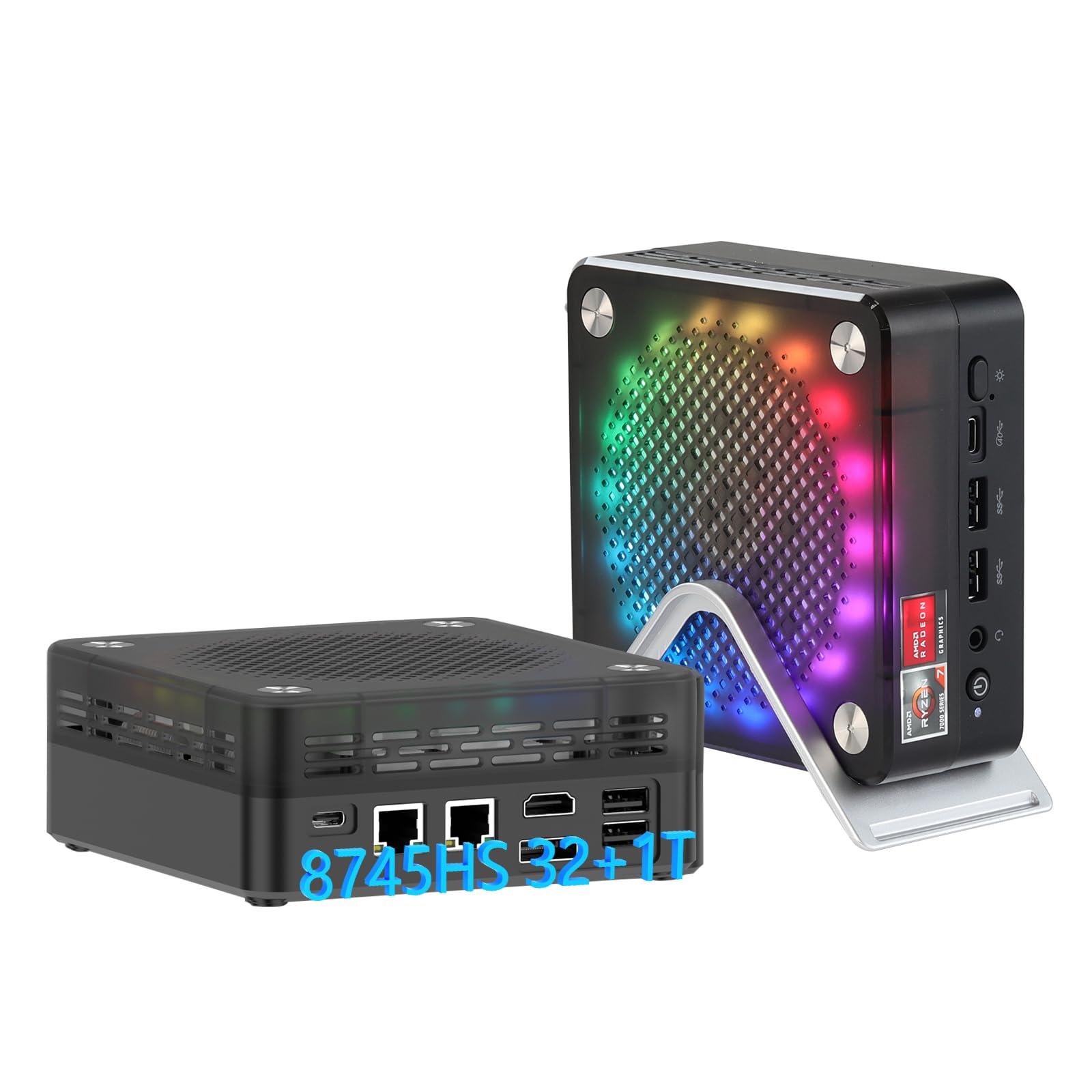 AWOW Mini PC da gioco con AMD Ryzen 7 8745HS (8 core, fino a 5,1 GHz), 32 GB DDR5, SSD PCIe 4.0 da 1 TB, grafica Radeon 780M, display 4K, funzionamento silenzioso, WiFi 6, BT 5.2, Dual 2.5G LAN