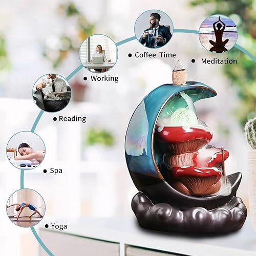 Miniatura 5 de YYW Quemador de incienso de reflujo con luna brillante y hongos con 20 conos+30 varillas para aromaterapia ornamento decoración del hogar