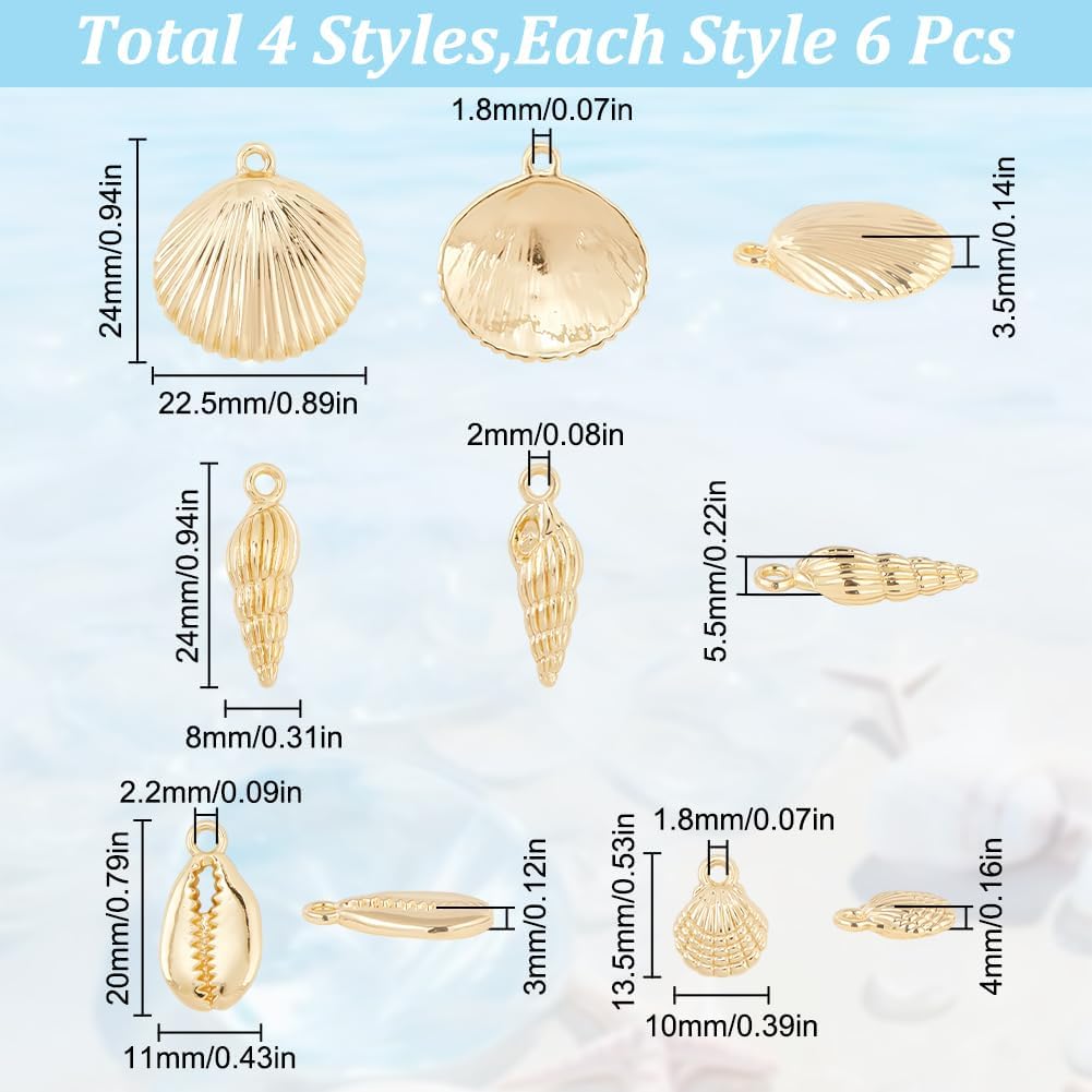 SUNNYCLUE 1 Box 24Pcs Sea Shells Charms Gold Cowrie Shells Bulk Summer Beach Ocean Sea Golden Shell Conch Scallop Charm for DIY Crafting Earrings Bracelets Necklaces Jewelry Making Supplies Adult - Image 2