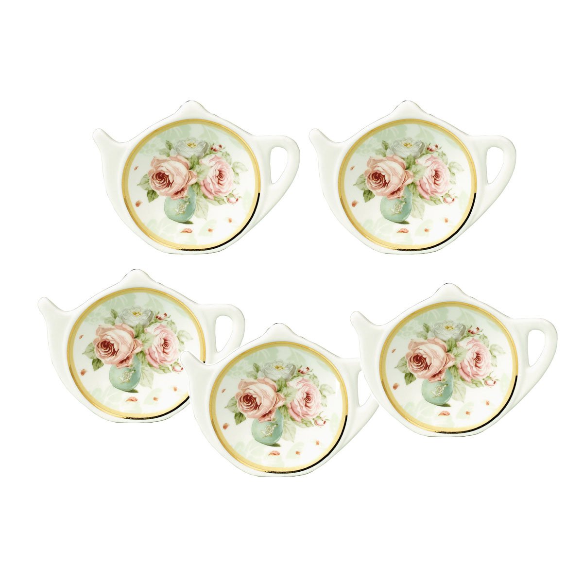 LINLINS White Porcelain Ceramic with Flower Trim Gold Rim Teapot-Shaped Tea Bag Holder Tea Bag Coasters, Spoon Rests; Classic Tea Saucer Seasoning Dish Set