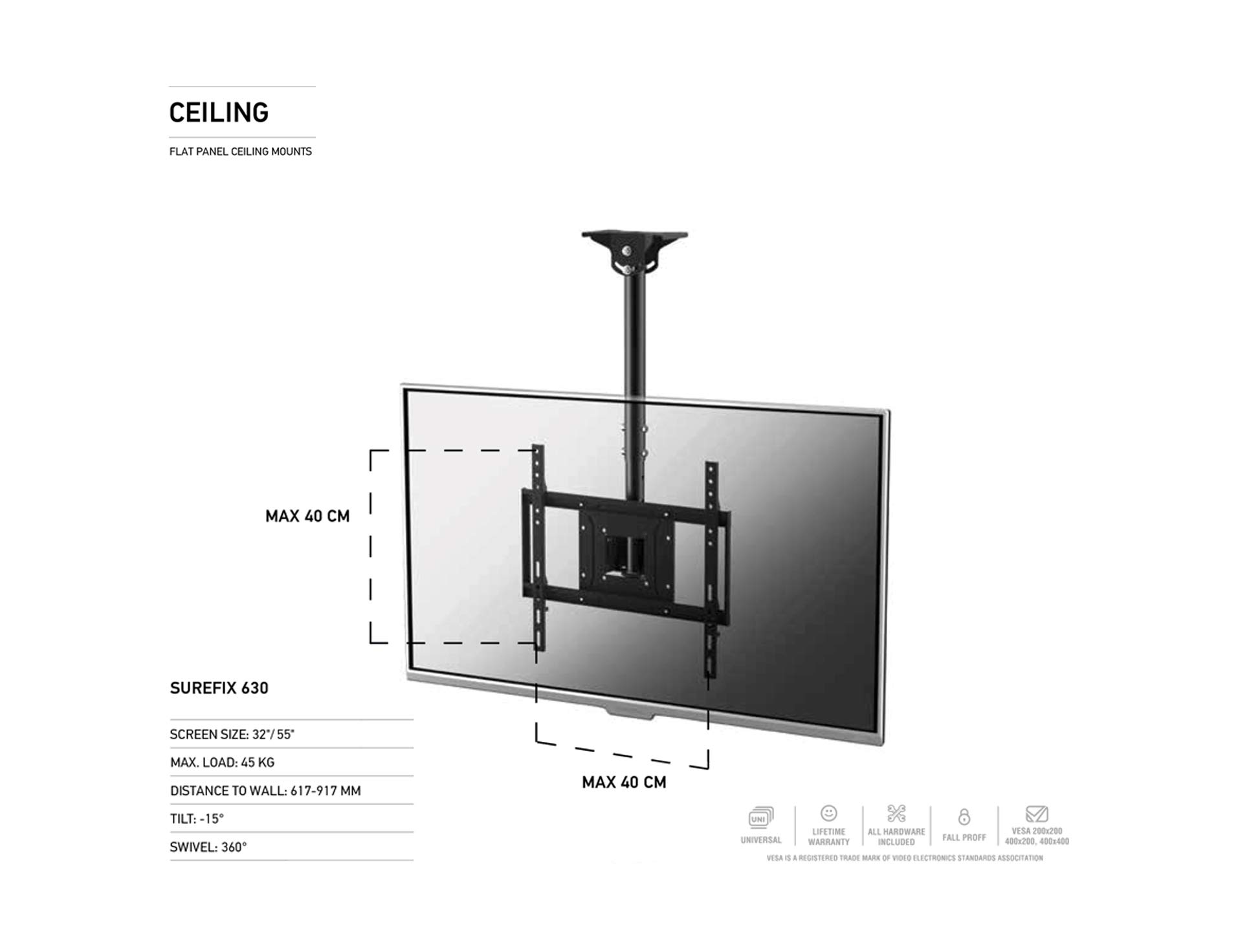 SUREFIX 630 - Soporte de Techo para TV. Telescópico hasta 86 cms. Giratorio. hasta VESA 40 x 40.