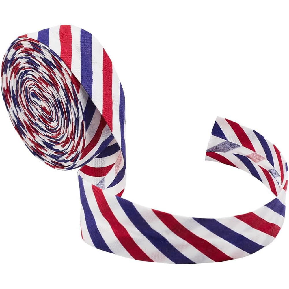 MAYJOYDIY Schrägband mit Streifen, 3 Farben, 2,5 cm, rot, weiß, blau, Saumband, Polyester-Twill, gestreiftes Paspelband für DIY, Kleidung, Nähen, Nähen, Paspeln, Quilten, 9 m