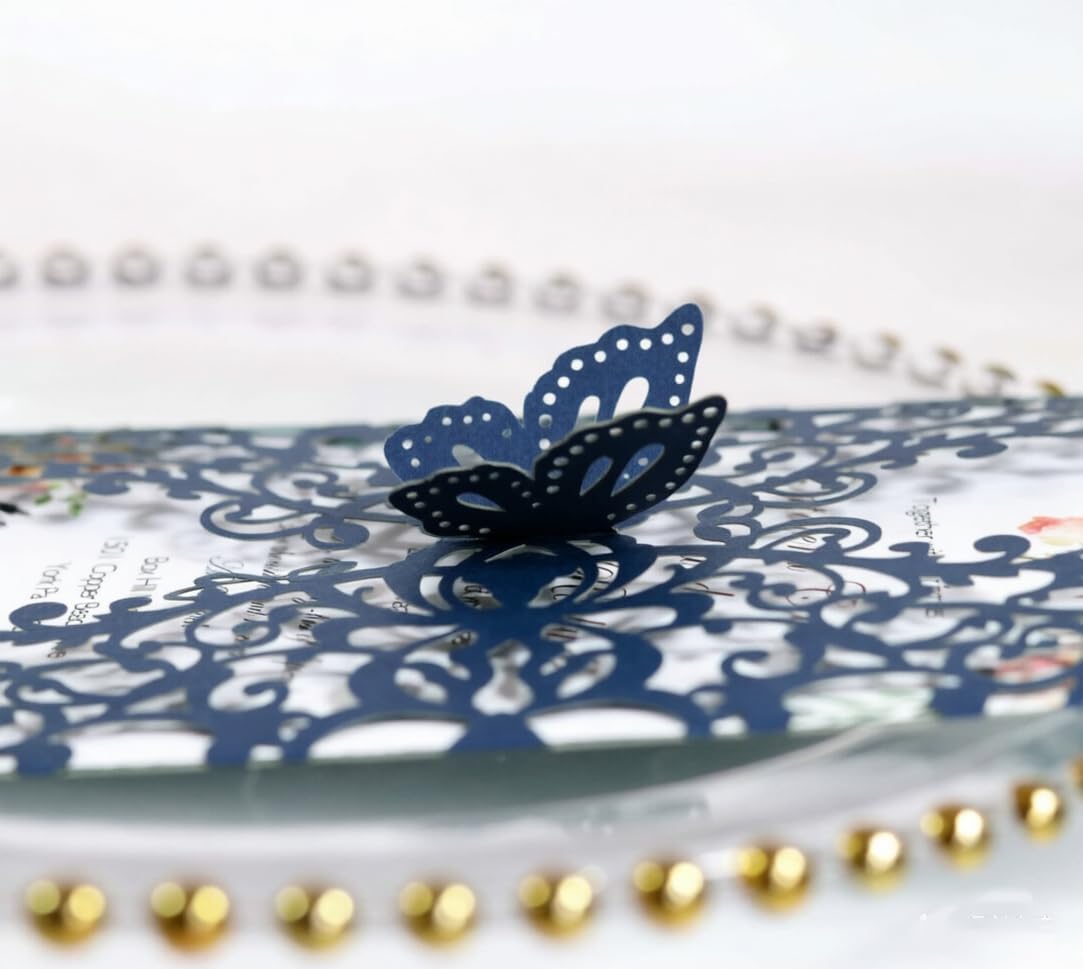 50sets Wedding Invitations Cards Laser Cut Butterfly Flower Multi Color Decor Gift Greeting Card RSVP Party Favor Decoration (Navy, Only Invitation Cards)