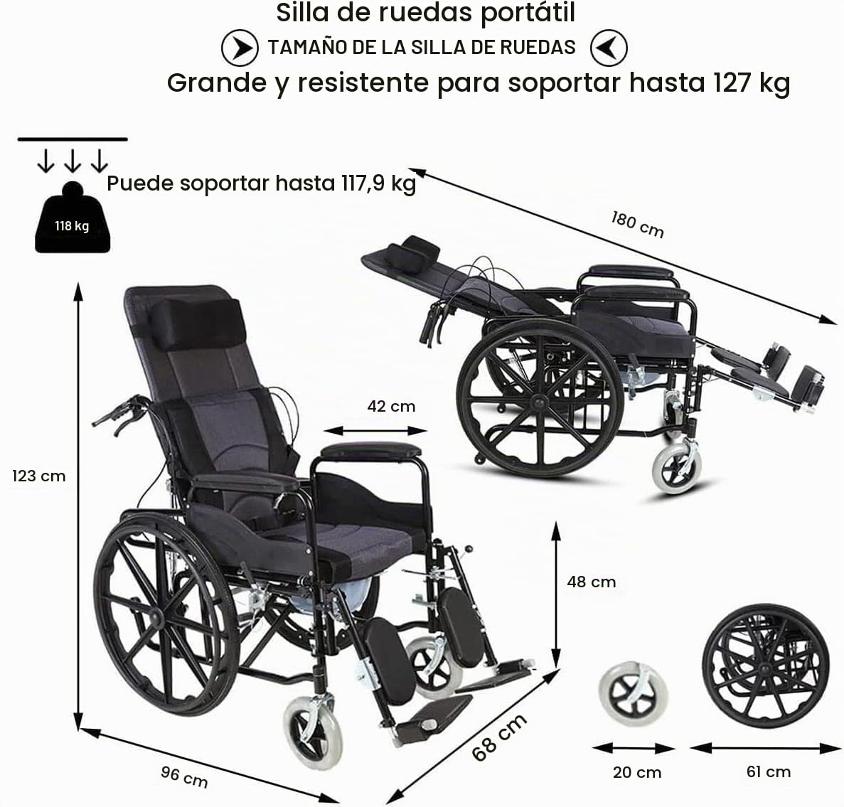 Silla de Ruedas Silla de Ruedas Plegable y Liviana Silla de Ruedas de Acero al Carbono Sillón reclinable Reposabrazos Desmontable Reposapiernas elevables y cinturón de Seguridad