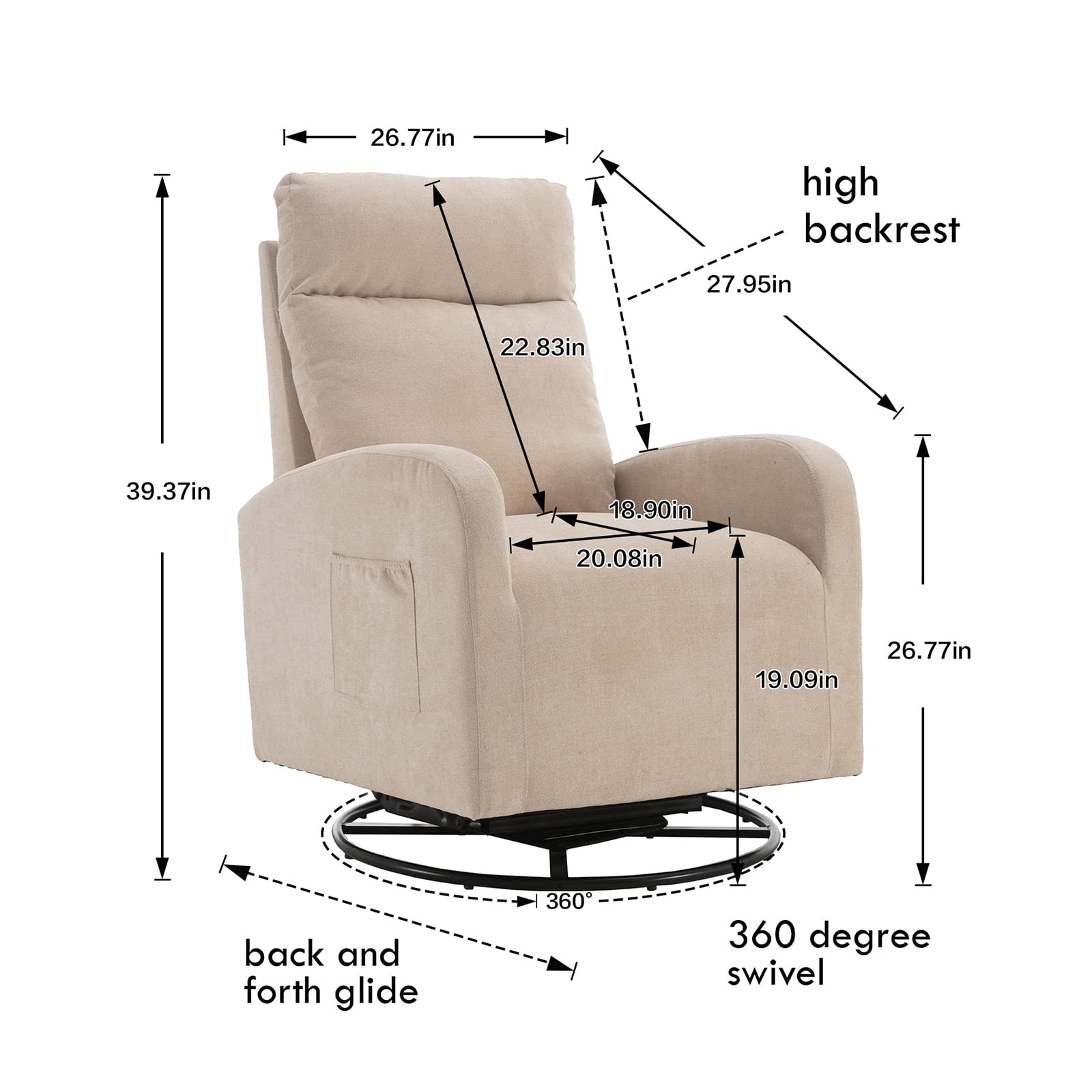 LUCKHAO Mecedora giratoria, sillón giratorio de deslizamiento para guardería, tapizado de tela de tilo, sillas mecedoras modernas con respaldo alto para guardería, dormitorio, sala de estar (beige)