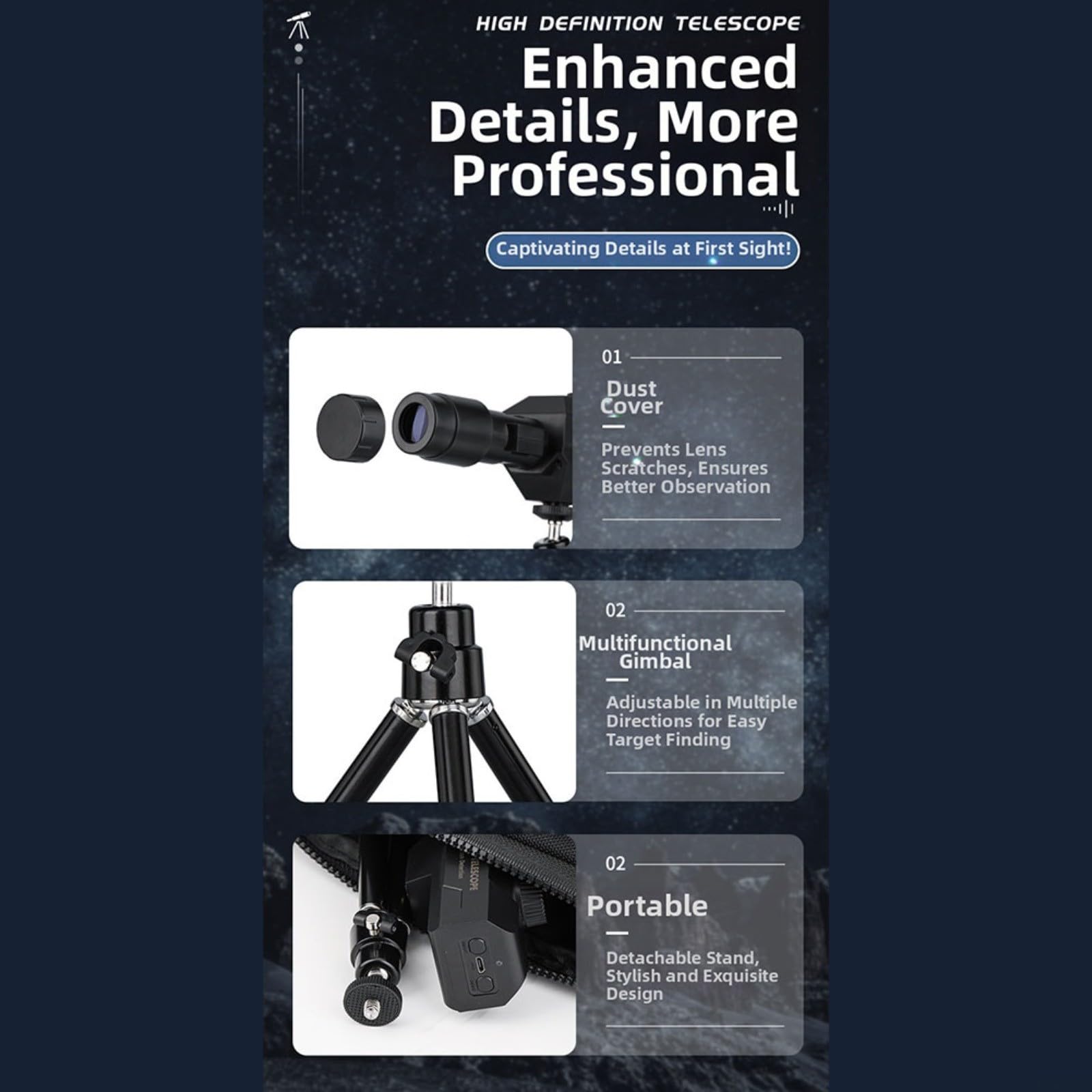 Télescope monoculaire numérique zoom 70x avec trépied, connectivité WiFi HD 2 MP pour observation des oiseaux et la faune, compatible avec smartphones et tablettes, 2000 mAh, noir