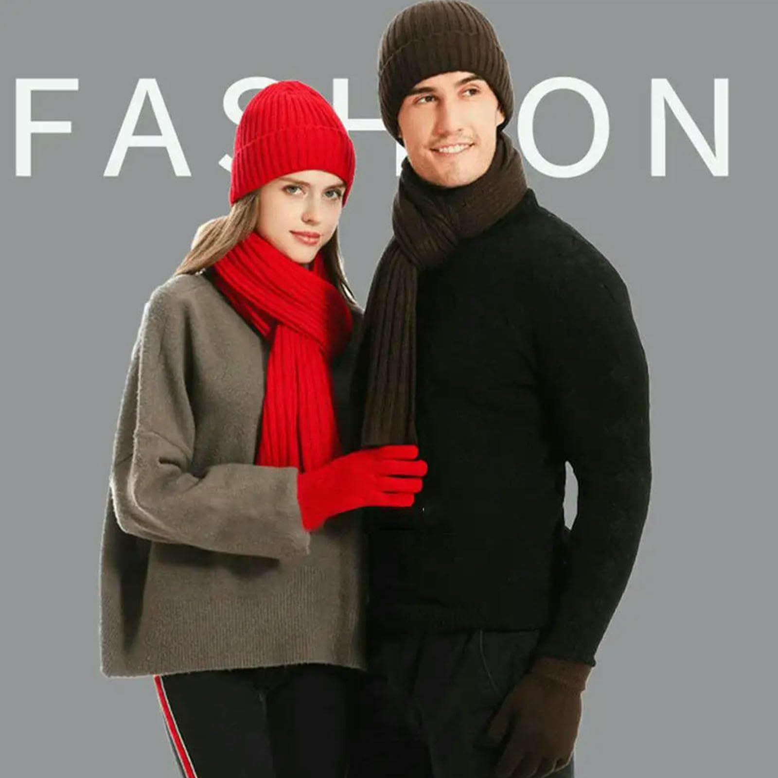 Mütze,Schal & Handschuh-Sets Verdickte Mützen, Schals, Handschuhe, Unisex, Fleece-gefütterte Beanie-mütze, Warmer Winterstrick, 3-in-1-set Für Damen Und Herren-rot