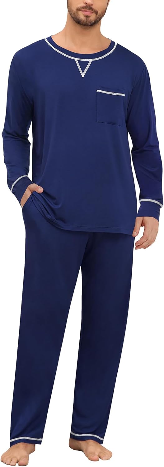 SWOMOG Mens Pajamas Set Modal Long Sleeve Sleepwear Crew Neck Pjs 2 Piece Loungewear Nightshirt Top & Pants with Pockets