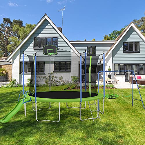 EMKK 12 Trampoline with Slide and Swings,Trampolines for Kids and Adults Large Recreational Trampoline with Basketball Hoop and Ladder,Outdoor Backyard Trampoline with Net
