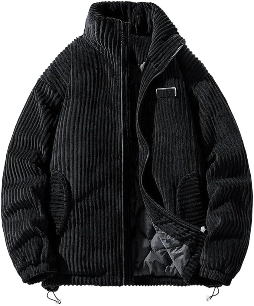 Men's Winter Jacket Thick Cotton Padded Stand Collar Warm Corduroy Casual Outerwear