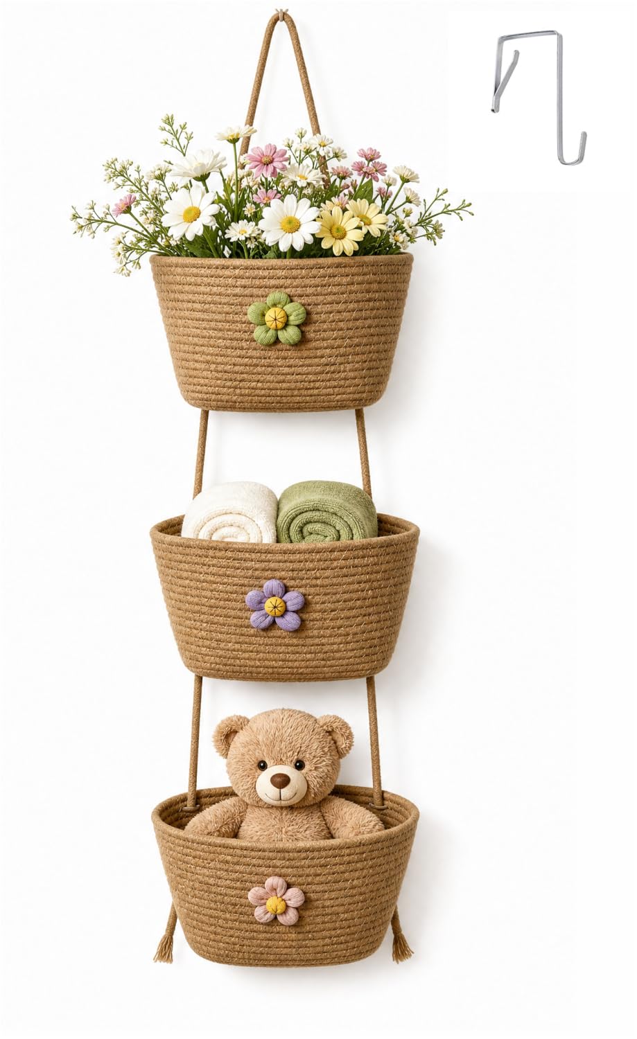 Hanging Storage Wall Basket 3-Tier Woven Cotton Over the Door Organizer