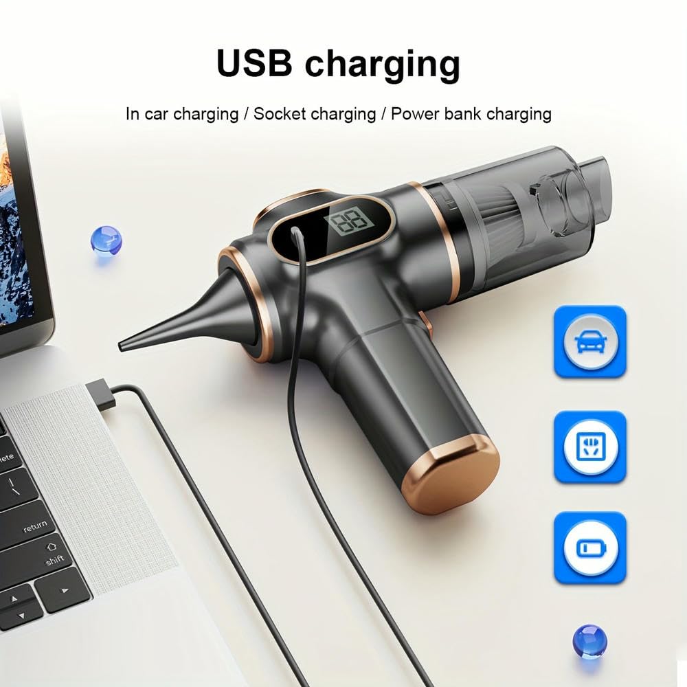 Aspiradora de Mano inalámbrica SYJYM, con aspas de Ventilador de Aluminio, versátil, para Uso doméstico o en Coche, con Carga USB, Mini aspiradora con Pantalla Digital