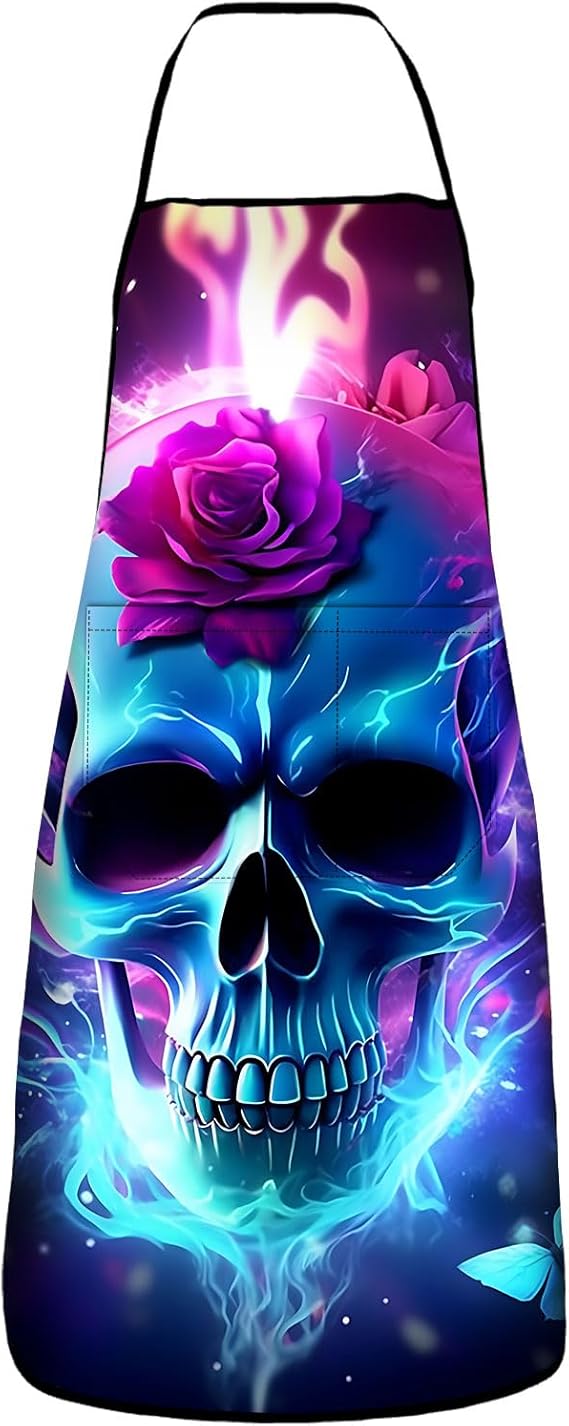 Kitchen Apron Waterdrop Resistant Sugar Skull Flower Apron with Adjustable Aprons for Women with Pockets