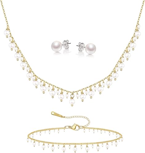 KesaPlan Juego de collar de perlas, collar de perlas ajustables chapado en oro de 14 quilates y pulsera de perlas y aretes de perlas para mujer