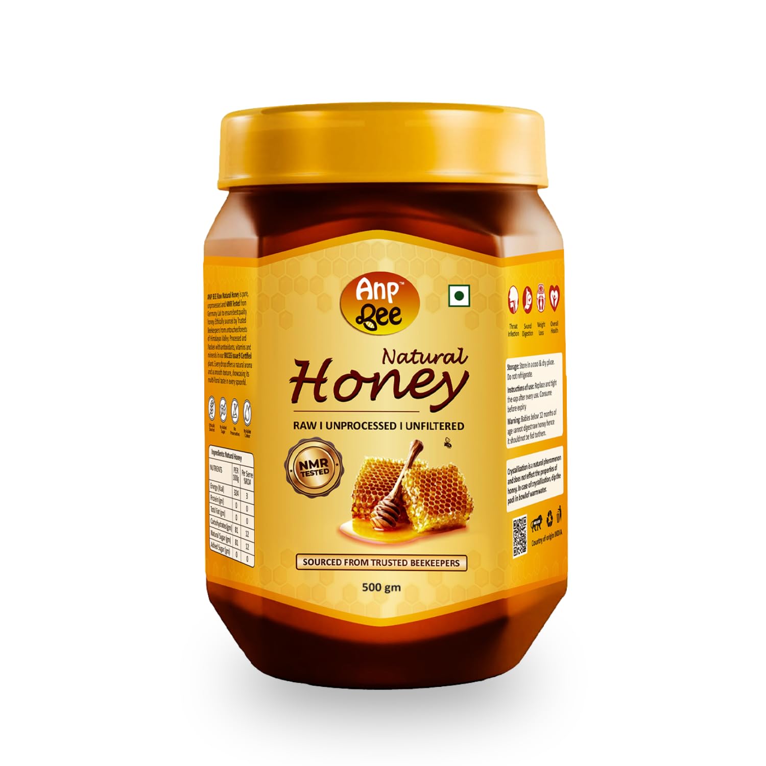 ANP BEE Raw Natural Honey 500gm I Pure NMR Tested Unprocessed & Unfiltered Original Multiflora Honey I Supports Weight Loss, Good for Heart Health I Plastic Bottle (Pack of 1, Honey 500gm)