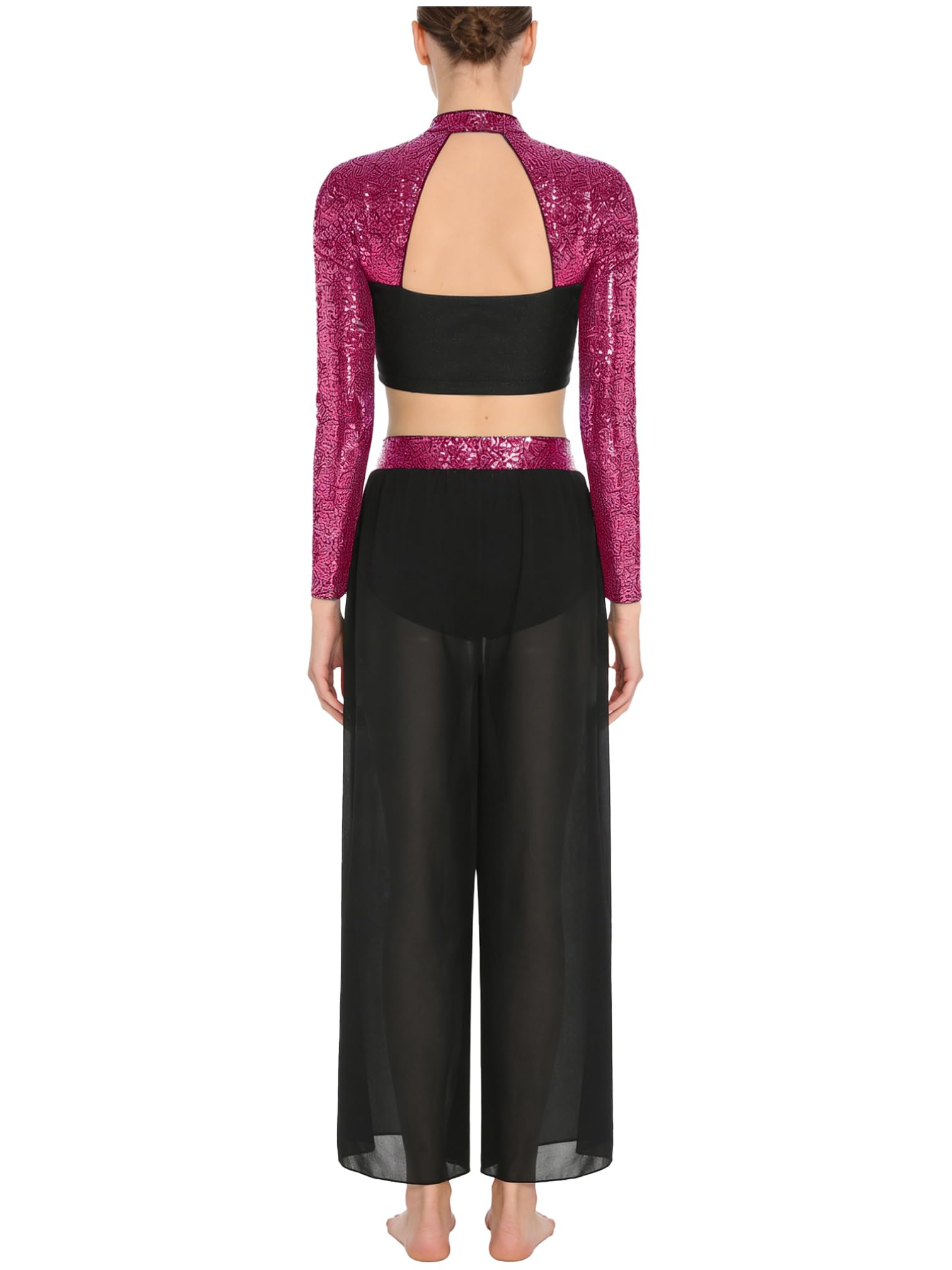 iiniim Traje de Baile Lentejuelas para Mujer con Crop Top de Manga Larga y Pantalones Traje de Gimnasia Rítmica Conjunto de Baile Lírico S-XXL