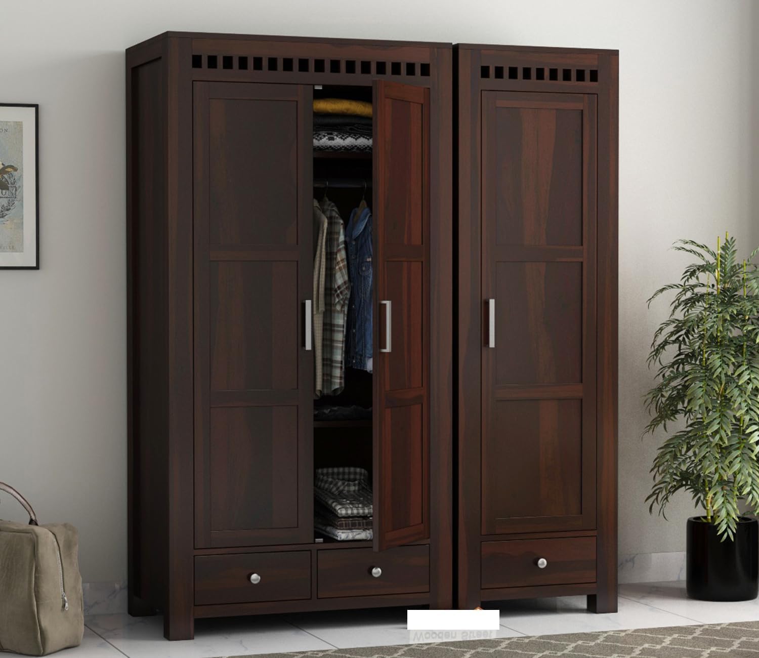 KUSUM HANDICRAFTS Wooden Wardrobe for Clothes Sheesham Wood 3Door