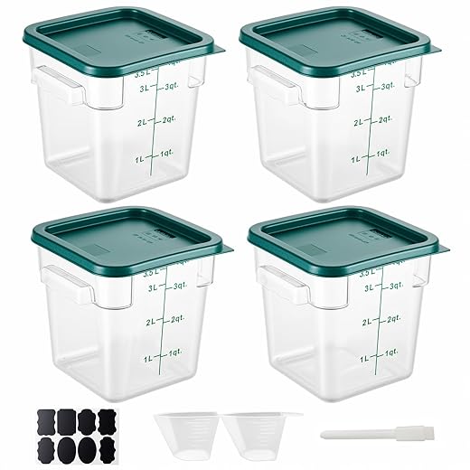 4 Pack 4QT Food Storage Containers with Green Lids, Clear Square Restaurant Commercial Food Storage Containers with Handle and Scale, Marinating Container Dough Rising Bucket for Home & Dining