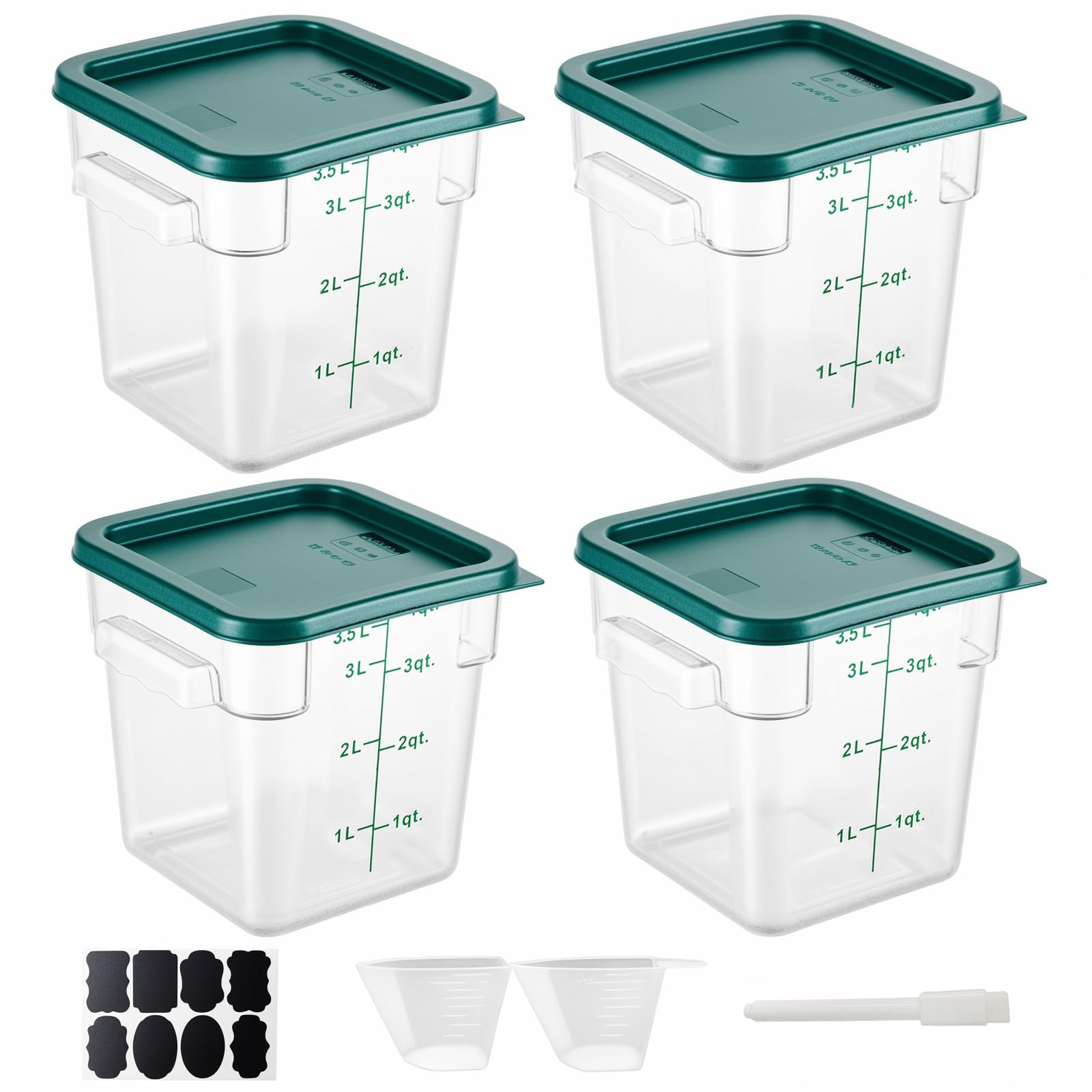 Paquete de 4 recipientes de almacenamiento de alimentos con tapas verdes, 4 cuartos de galón, cuadrados, transparentes, para almacenamiento de alimentos comerciales, con asas de escala, para el hogar,