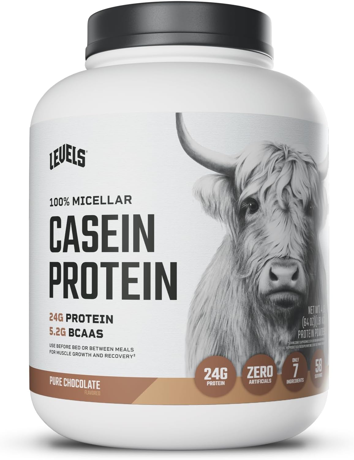- Levels 100% Micellar Casein Protein, Hormone Free, Chocolate, 4LB