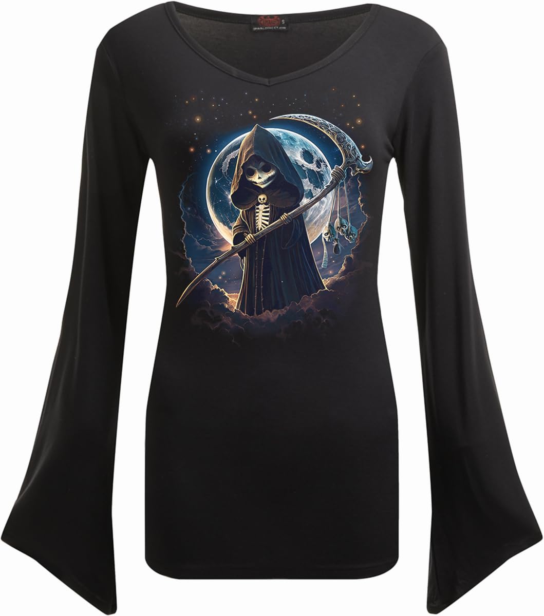 Spiral Women's Black Direct - Reaperette - V Neck Goth Sleeve Top - Size M - Gothic Grim Reaper Tops - Long Sleeve